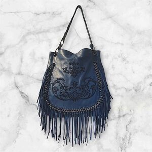 Sharif of New York Blue Leather Embroidered Hobo With Chain Detailing